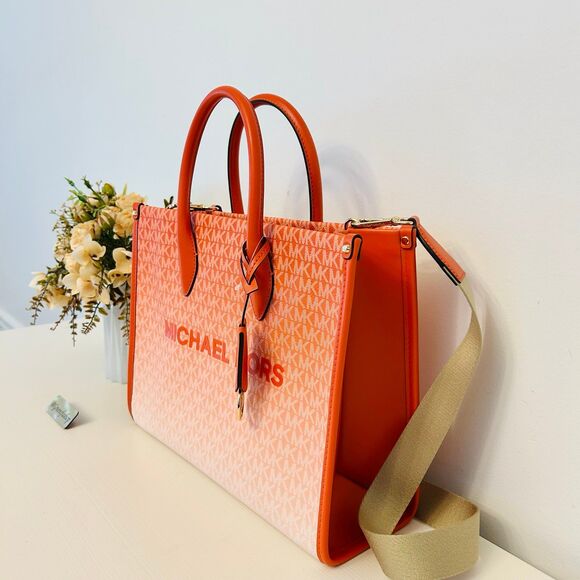 Michael Kors Purse Mirella Medium Ombré Logo Tote Bag Red Clay - Picture 2 of 8